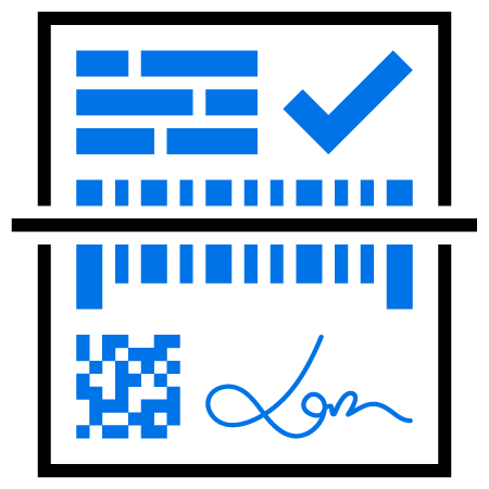 Scann eines QR-und Barcodes, einer Unterschrift, Haken und eines Textes