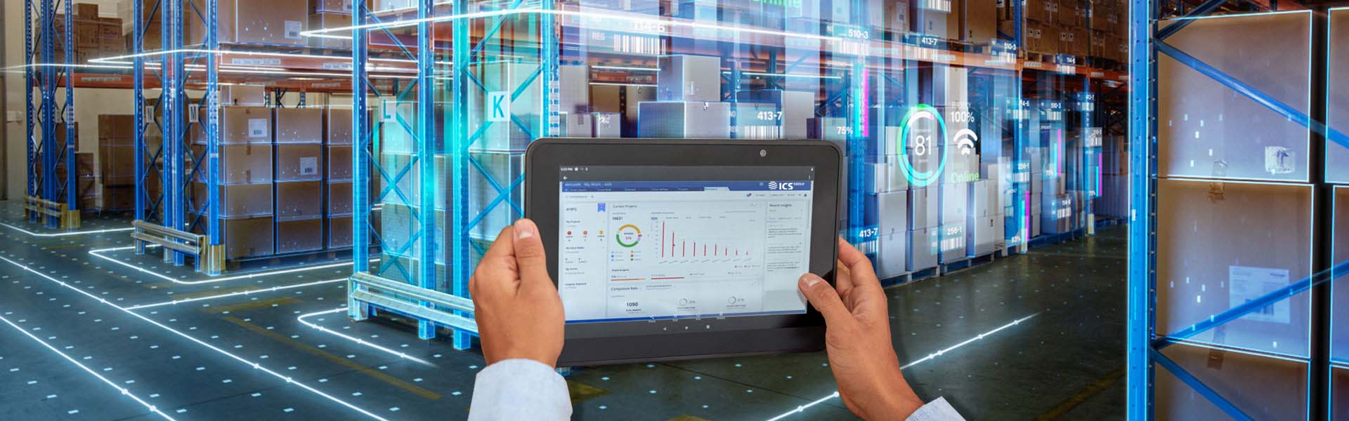 tablet with monitoring screen in warehouse environment