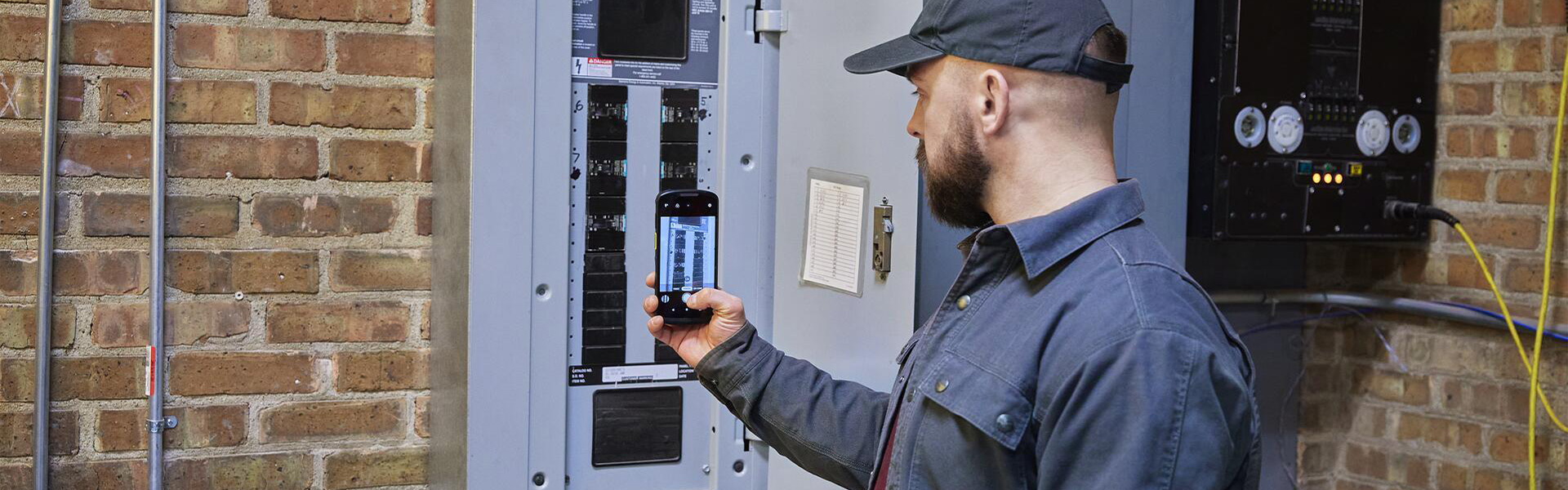 Servicetechniker macht ein Foto mit einem Mobilcomputer von einem Stromkasten