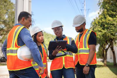 Eine Gruppe Menschen mit Warnwesten und Helmen sieht sich etwas auf einem Tablet an